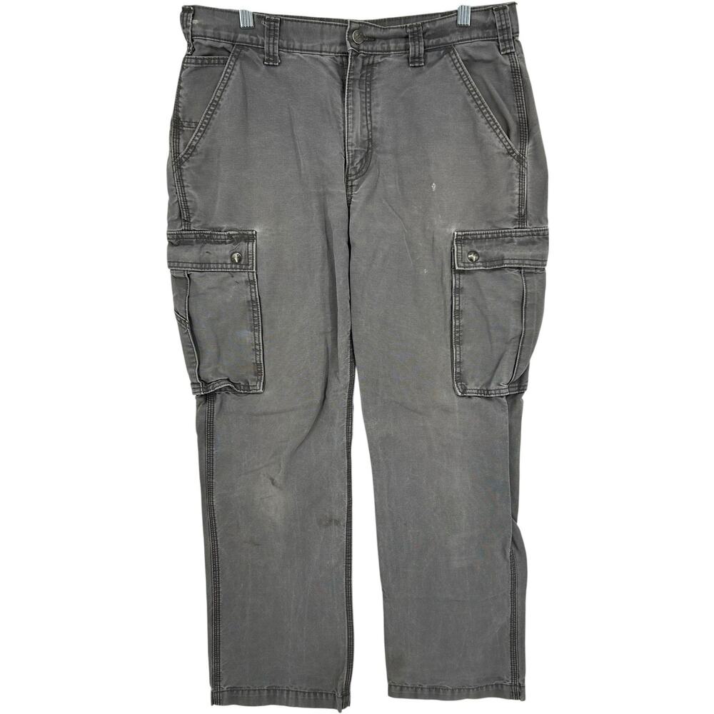 Men's Grey Carhartt Canvas Relaxed Fit Cargo Workwear Pants 34x32 act (34x30.5)
